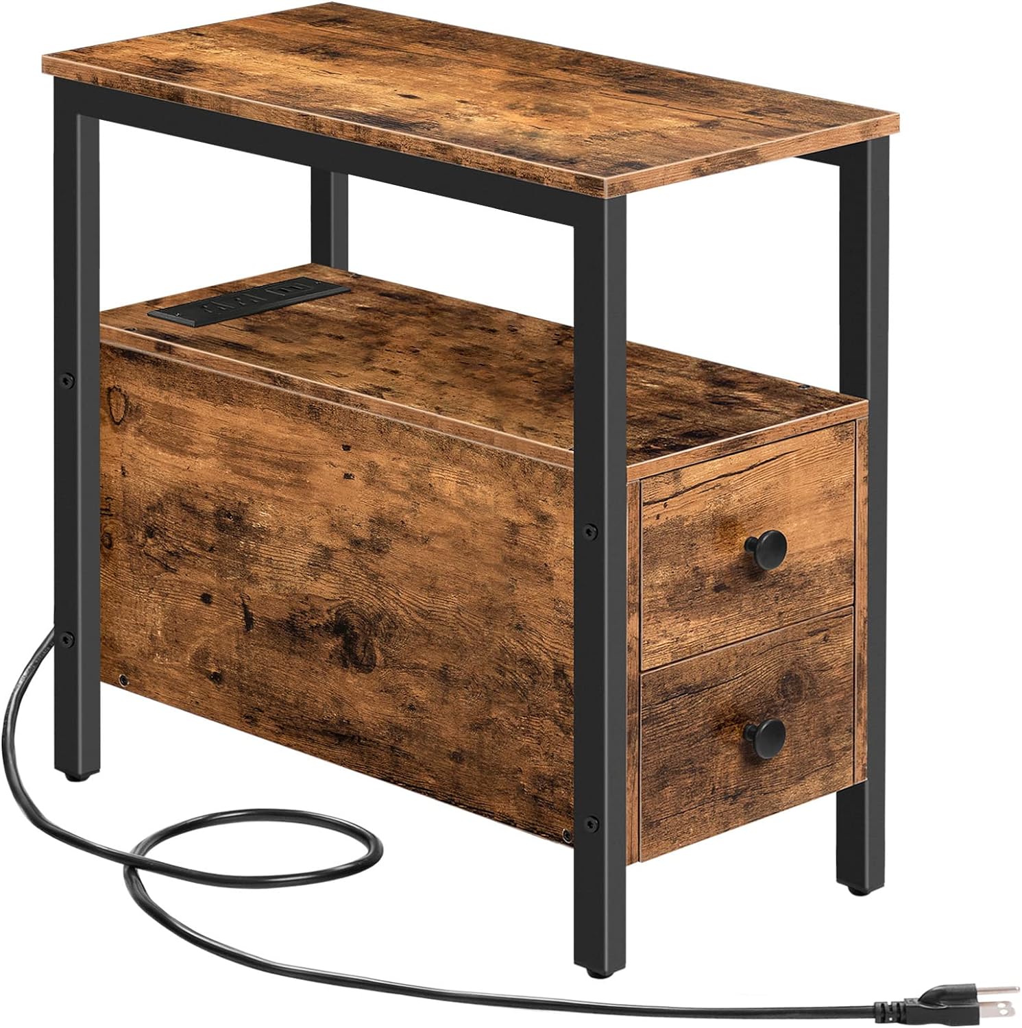 End Table with Charging Station, Narrow Side Table with 2 Drawer & USB Ports & Power Outlets, Nightstand for Small Spaces, for Living Room, Bedroom, Rustic Brown and Black BF541BZ01