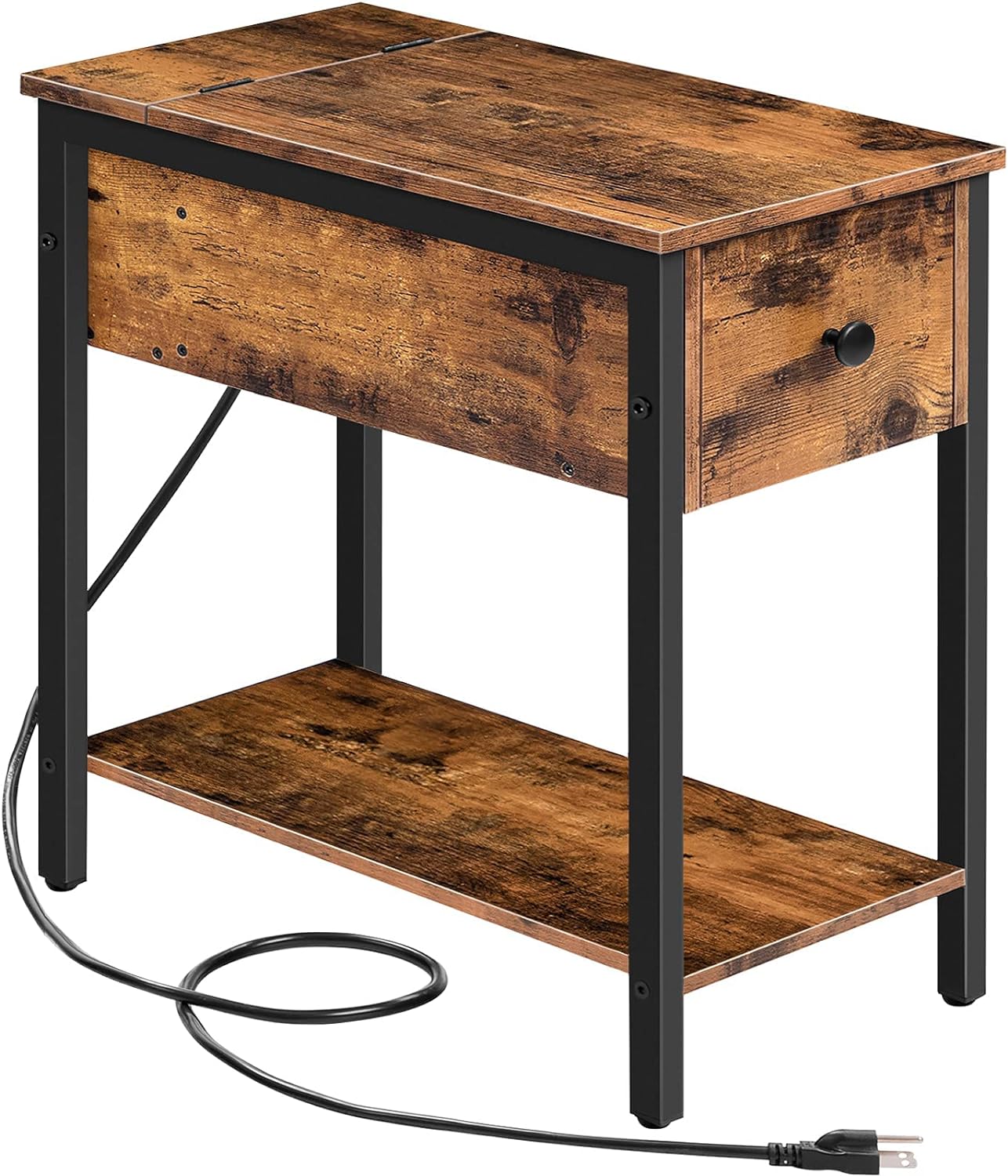 Side Table with Charging Station, Narrow End Table, Small Nightstand, Bedside Tables with Drawer and Storage Shelves, for Small Spaces, Living Room, Bedroom, Rustic Brown and Black BF041BZ01