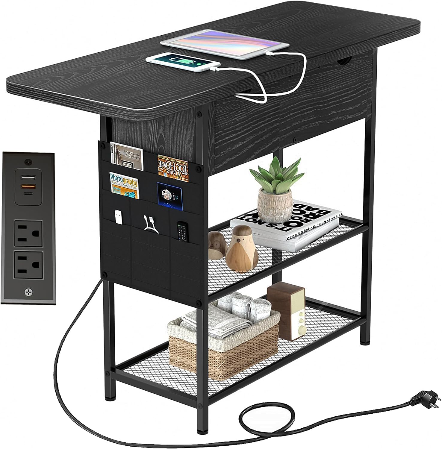 End Table Nightstand with Fast Charging Station, Flip Top Side Table with USB C Ports and Outlets, Sofa Couch Table Bedside Table for Living Room Bedroom and Small Space (Black)