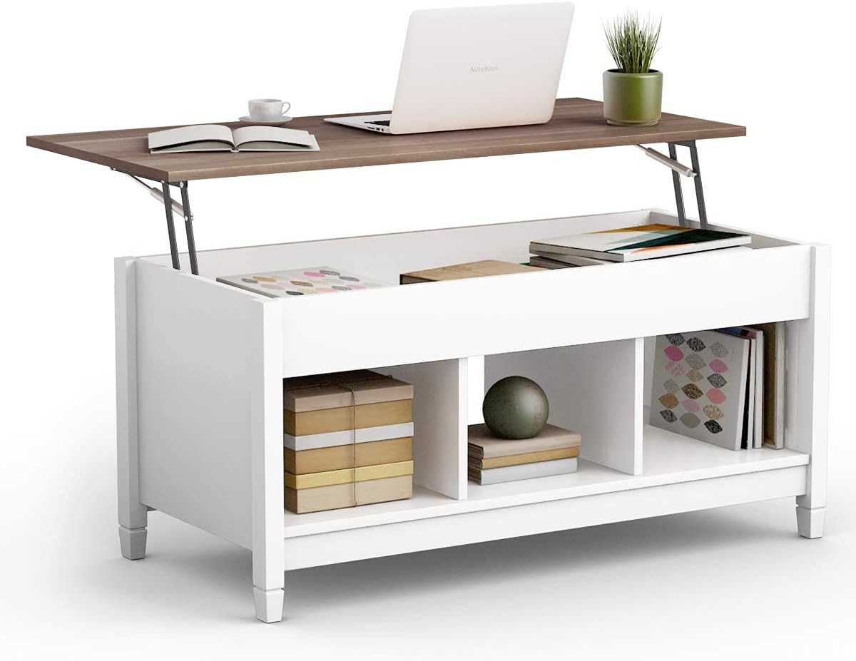 Tangkula Wood Lift Top Coffee Table, Modern Coffee Table w/Hidden Compartment and Open Storage Shelf for Living Room Office Reception Room (White)