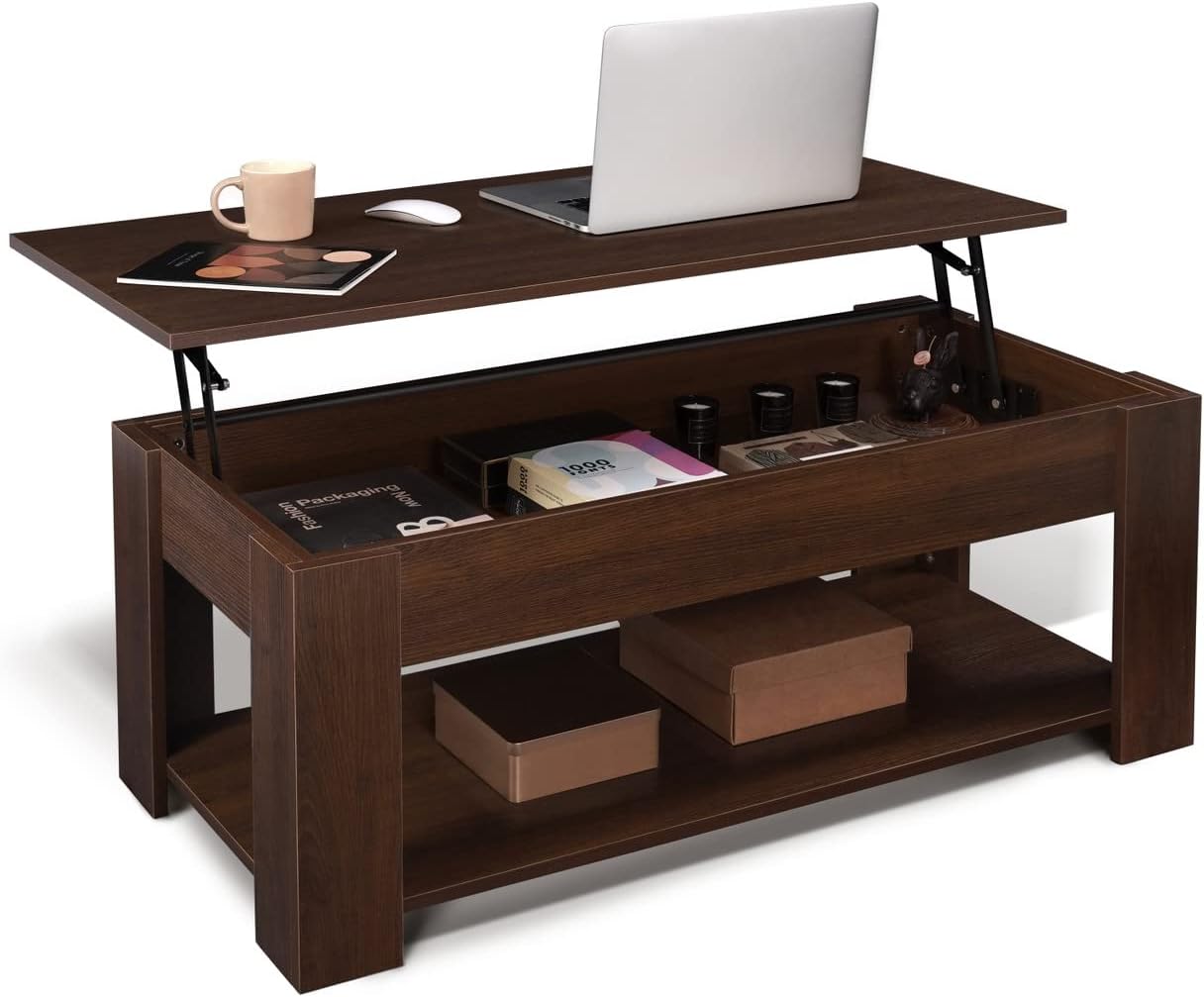 CAPHAUS Lift Top Coffee Table w/Storage, Storage Coffee Table w/Lift Top for Living Room, Rising Tabletop Coffee Table w/Hidden Compartment, Coffee Table w/Bottom Open Shelf, 41 Espresso