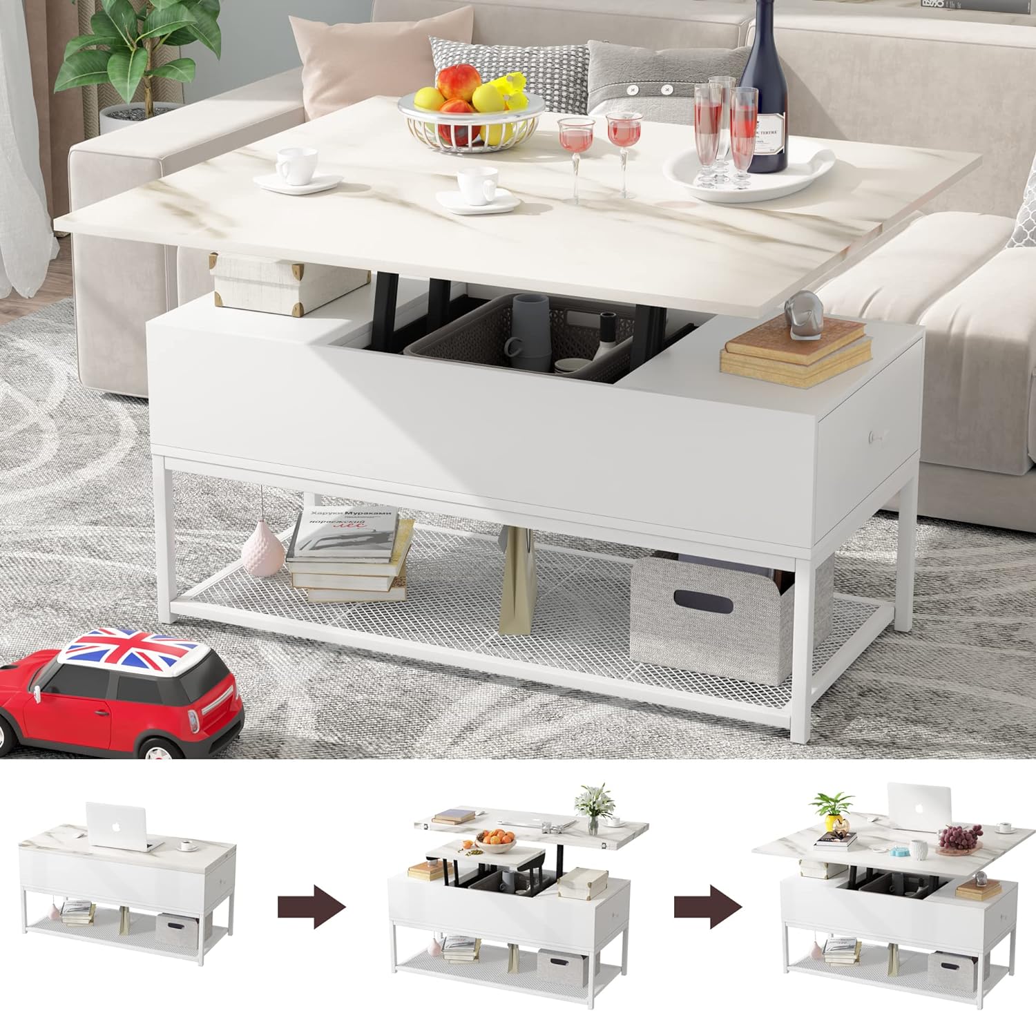 PAKASEPT Lift Top Coffee Table, Coffee Tables with 2 Storage Drawer and Hidden Compartment for Living Room (Faux Marble White)