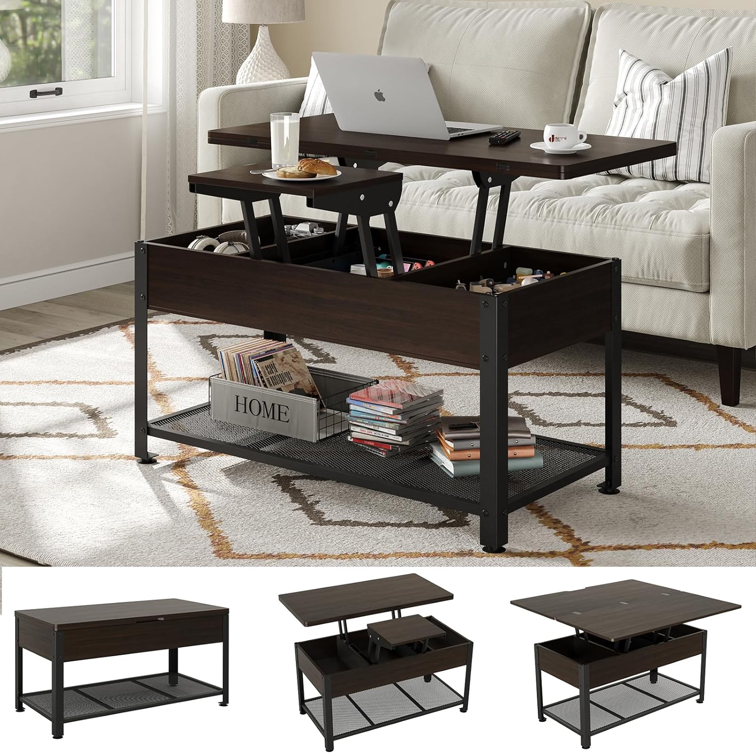 Furniouse Coffee Table Lift Top, 3 in 1 Multi-Function Coffee Table with Hidden Compartment, Coffee Table Converts to Dining Table for Living Room, Home Office, Espresso