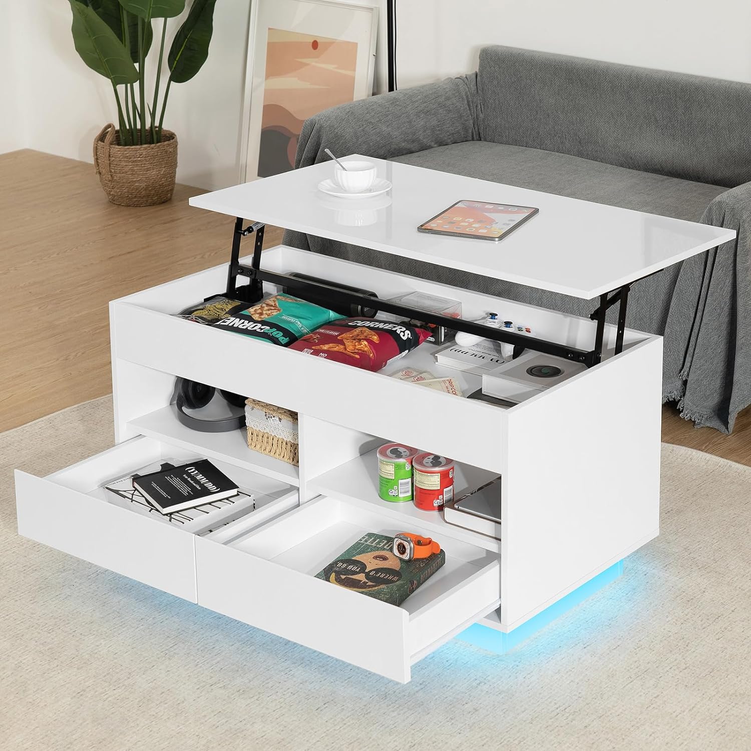 HOMMPA Lift Top Coffee Table with Storage LED Coffee Table Morden High Gloss Black Living Room 4 Tiers Modern Tea Table with Storage Center Tables Hidden Compartment & 2 Open Shelve & 2 Drawers