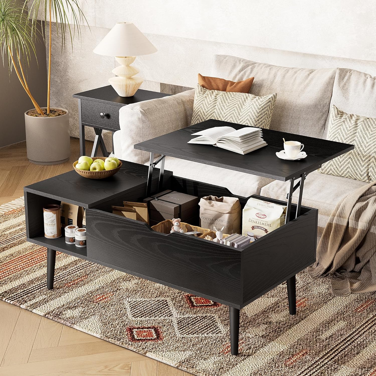 Lift Top Coffee Table with Storage, End Desk Living Room Furniture with Shelf and Hidden Compartment, Black