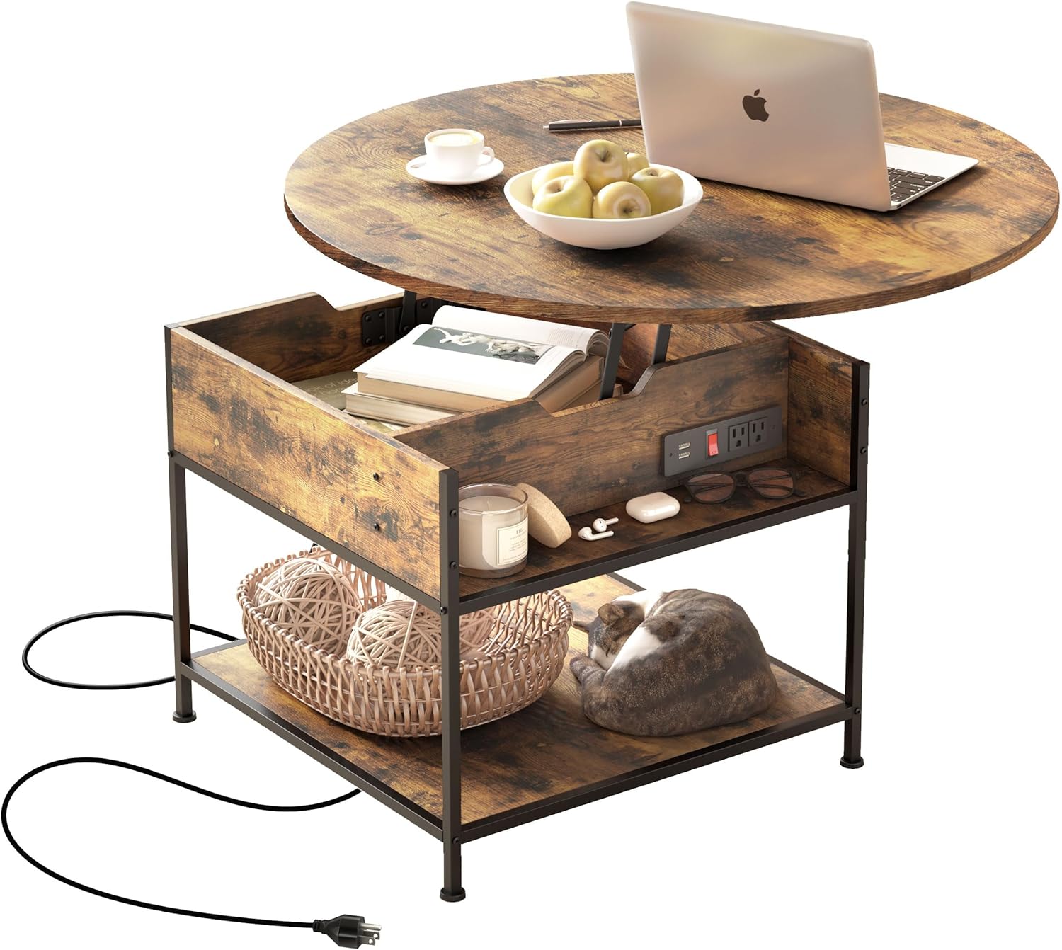 Modern Round Lift Top Coffee Table with Storage, Stylish Living Room Tables, Round Coffee Tables for Living Room, AC and USB Outlets (Rustic Brown)