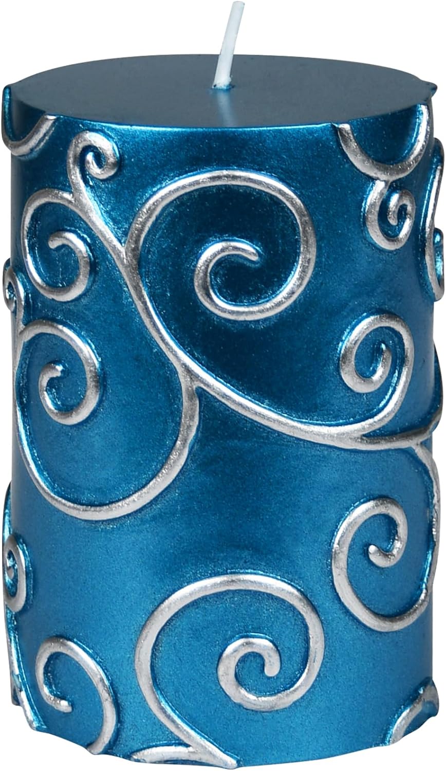 Pillar Candles, 3 by 4-Inch, Blue Scroll