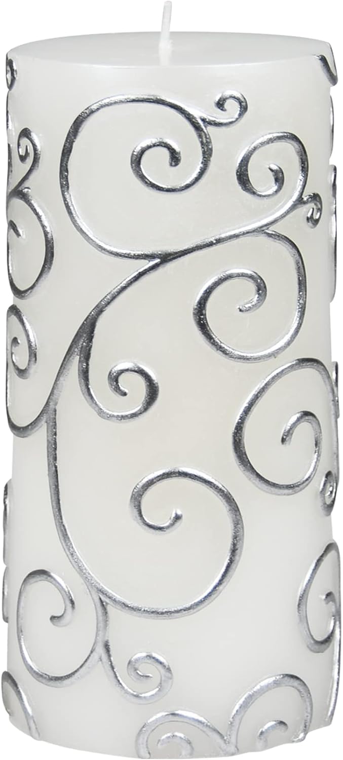 Pillar Candle, 3 by 6-Inch, White Scroll