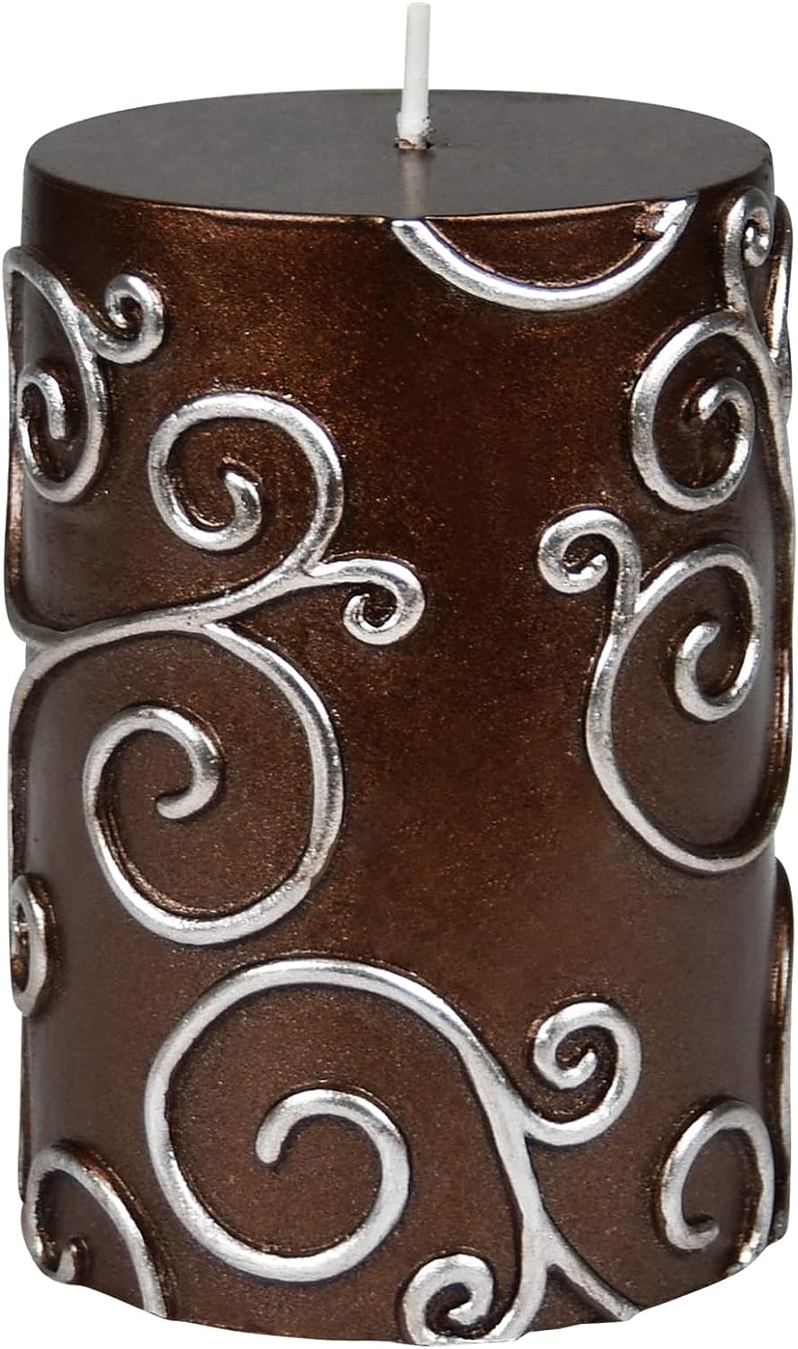 Pillar Candles, 3 by 4-Inch, Brown Scroll