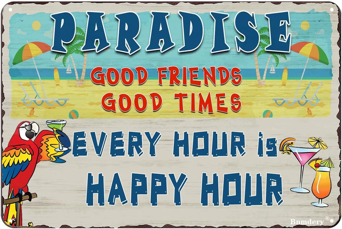 Funny Metal Sign Beach Parrot Paradise Happy Hour Vintage Decor Home Kitchen Bar Cafe Club Cave Wall Decor Retro Tin Sign 8x12 Inch