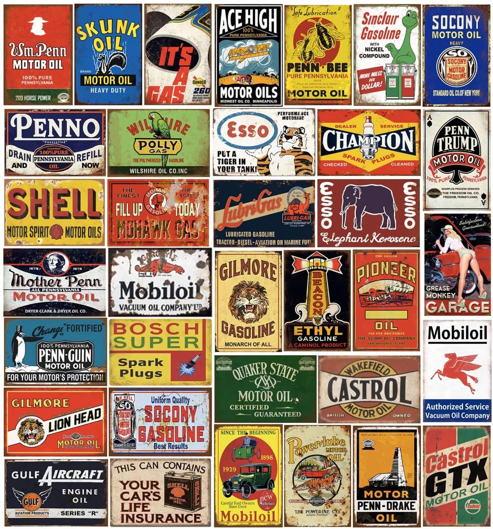 Reproduced Vintage Tin Sign Pack, Gas Oil Retro Advert Antique Metal Signs for Garage Man Cave Bar Kitchen, Nostalgic Car Decor, 8x12 Inch (35 Pieces A)