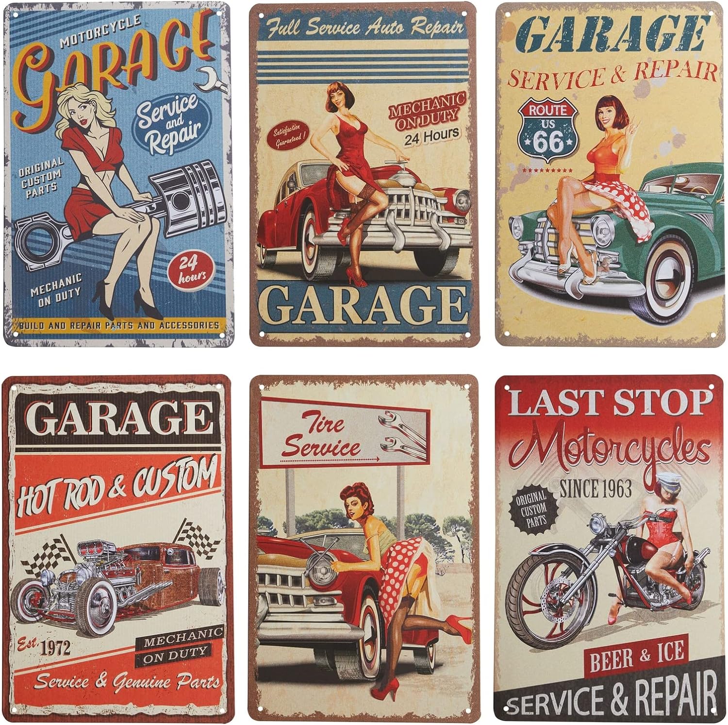 Okuna Outpost 6 Pack Vintage Metal Signs for Retro Garage Wall Decor, 6 Designs (8 x 11.8 In)