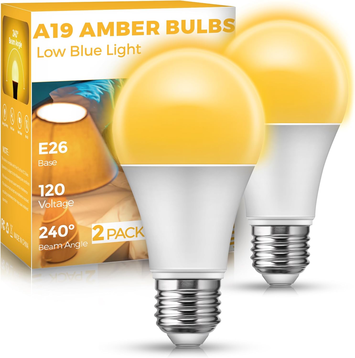 JandCase Sleep Light Bulb, Amber Light Bulbs for Sleep Therapy, Blue Light Blocking, 1800K Dim Light Bulbs 60W Equivalent, Mood Soothing Light, E26 A19 Warm Light Bulbs for Bedroom, Nursery, 2 Pack