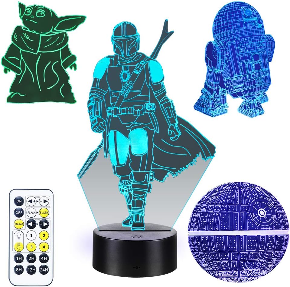 4 Patterns 3D Illusion Lamp, 16 Colors 3D Night Light with Timing Remote Control, Birthday Christmas Gifts for Boys Men Kids Fans