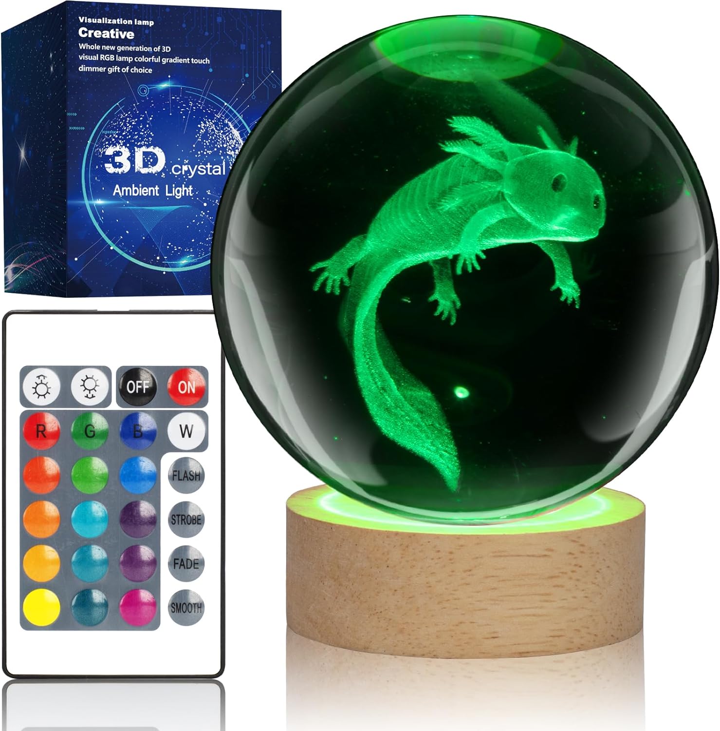 Axolotl Lamp 3D Crystal Ball Night Light with 16 Color LED Wooden Base, 3.15 Inch Axolotl Light Lamp 16 Colors Change with Remote Control Table Lamp for Boyfriend Girlfriend