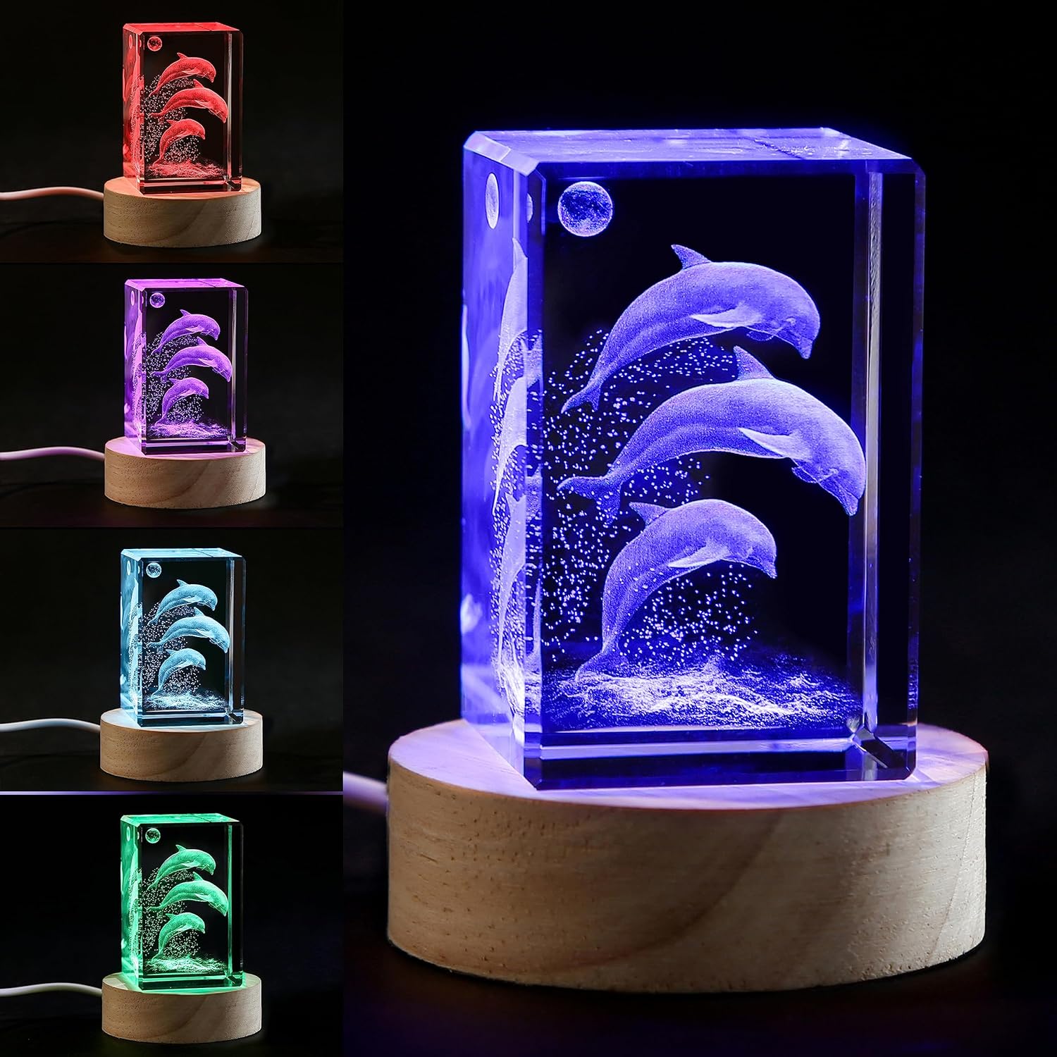 3D Crystal Dolphin Figurine Night Light with LED Light Base, Birthday Gift for Kids Women Unique, Thanksgiving Christmas Valentines Anniversary Birthday Gifts for Lovers (3D-Dolphin)