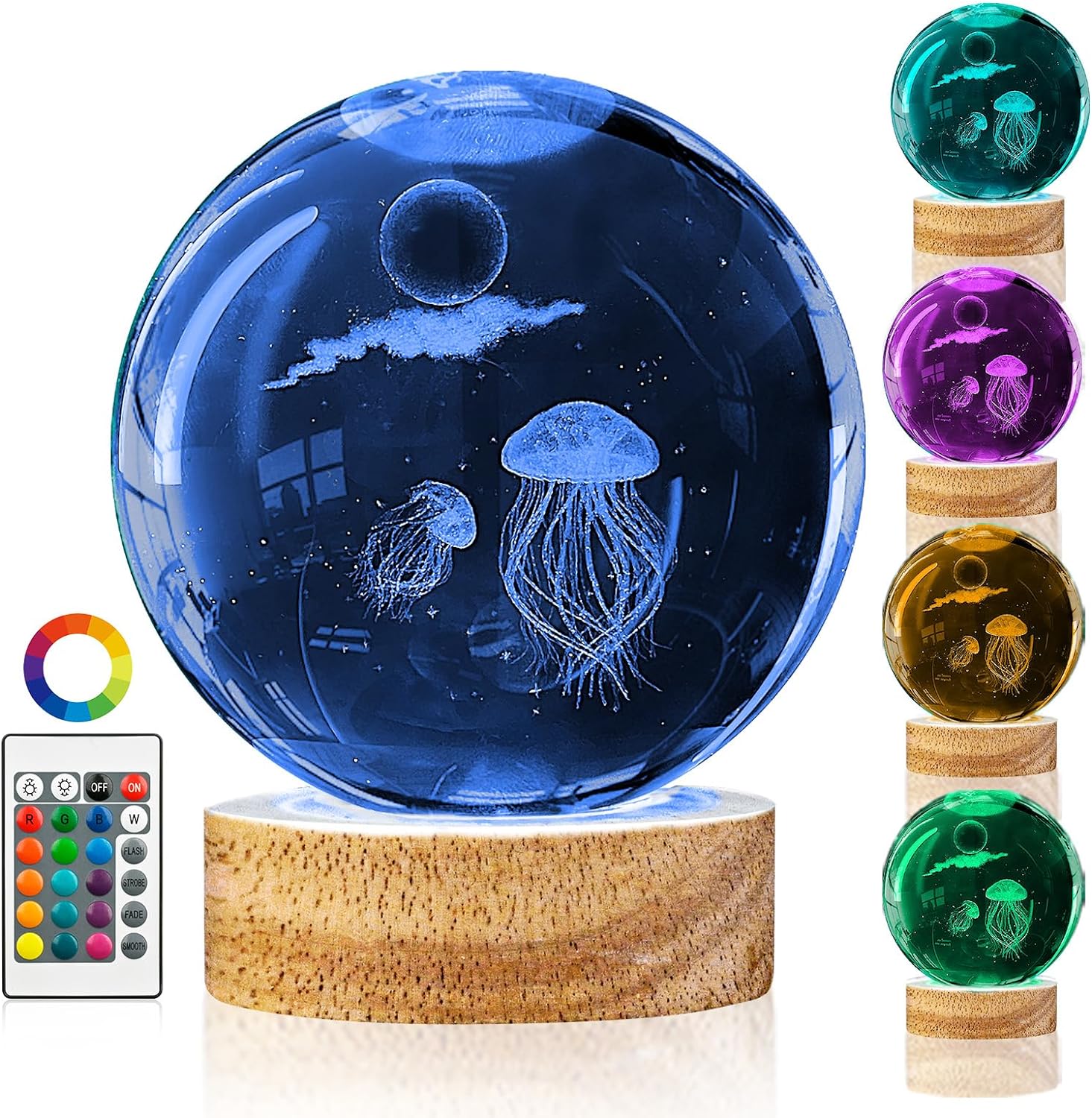 3D Jellyfish Crystal Ball Night Light With 16 Color Led Wooden Base Large 3.15 Inch Jellyfish Glass Ball Lamp with Remote for Birthday Christmas, Cool Jellyfish Decor Gifts for Boys Girls Kids