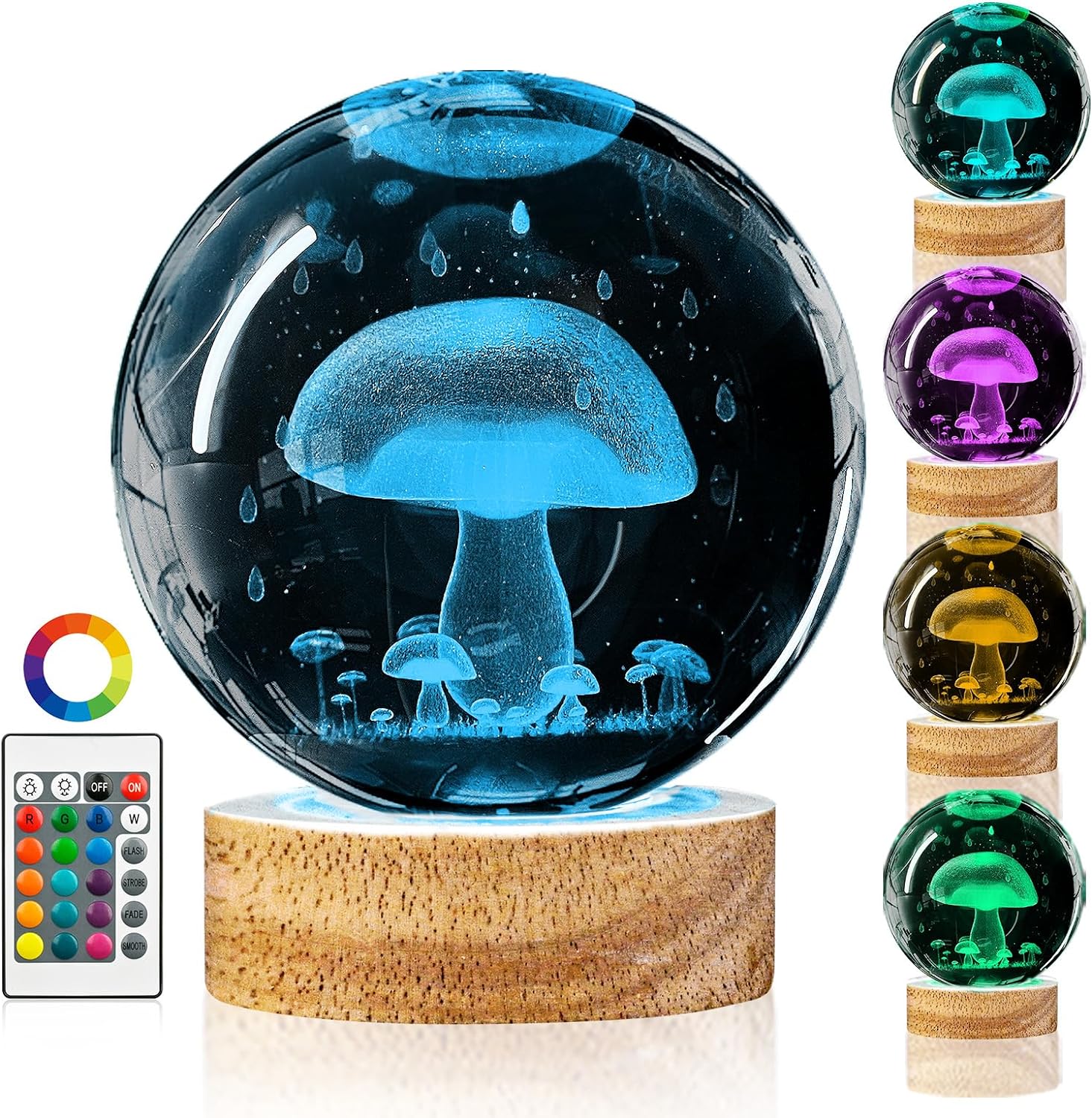 3D Mushroom Crystal Ball Night Light with Remote Upgraded 3.15 in Mushroom Glass Ball Lamp with 16 Color Wooden LED Base Cute Mushroom Room Table Lamp Decor Gifts for Kids Teens Women