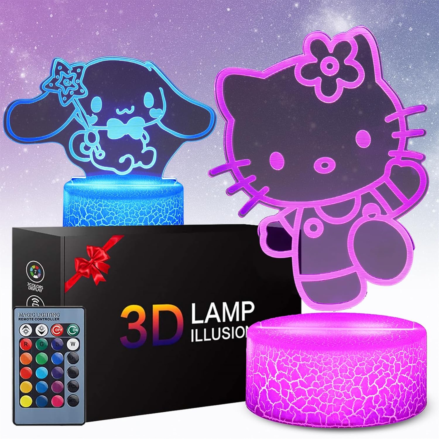 3D Illusion Cat Night Light for Kids - 2 Patterns and 16 Colours Change with Remote Control Kitty Lamp Room Decor Birthdays Holidays Christmas Gifts for Kids and Girls