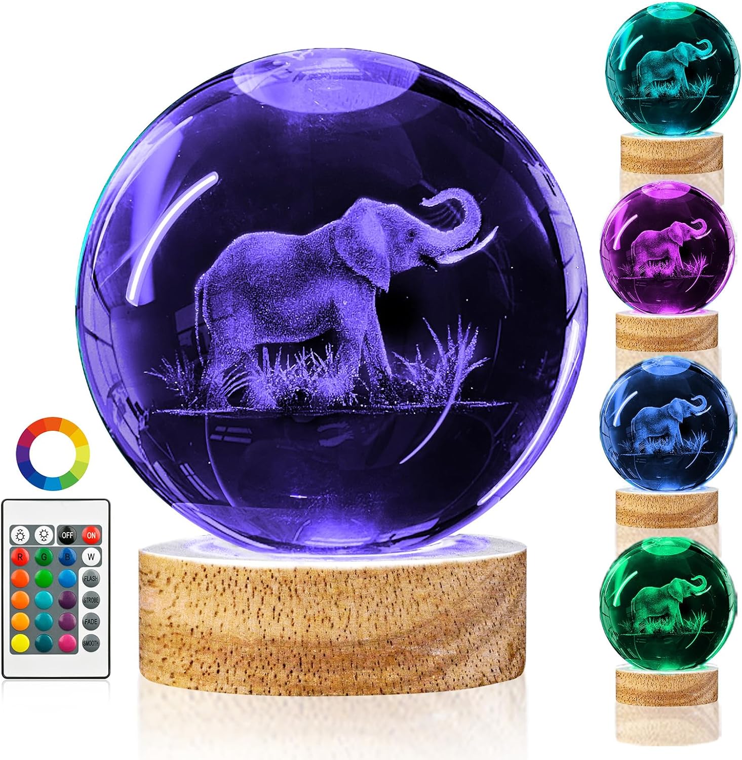 3D Elephant Crystal Ball Night Light with 16 Color Wooden LED Base Upgraded 3.15 in Elephant Glass Ball Lamp with Remote for Birthday Christmas Home Decor, Elephant Gifts for Women Boy Girl