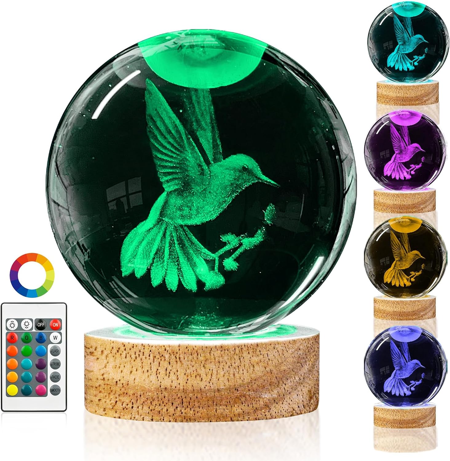 3D Hummingbird Crystal Ball Night Light with Remote Upgraded 3.15 In Hummingbird Figurine Glass Ball Lamp with 16 Color Wooden LED Base Cute Hummingbird Home Decor Gifts for Kids Teens Women