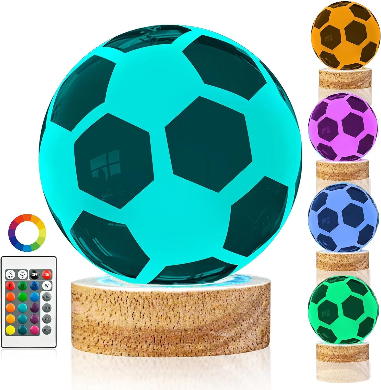 3D Soccer Crystal Ball Lamp with 16 Color Wooden LED Base, Upgraded 3.15 Inch Soccer Glass Ball Night Light with Remote for Birthday Christmas, Soccer Gift for Soccer Fans Boys, Football Lamp Decor