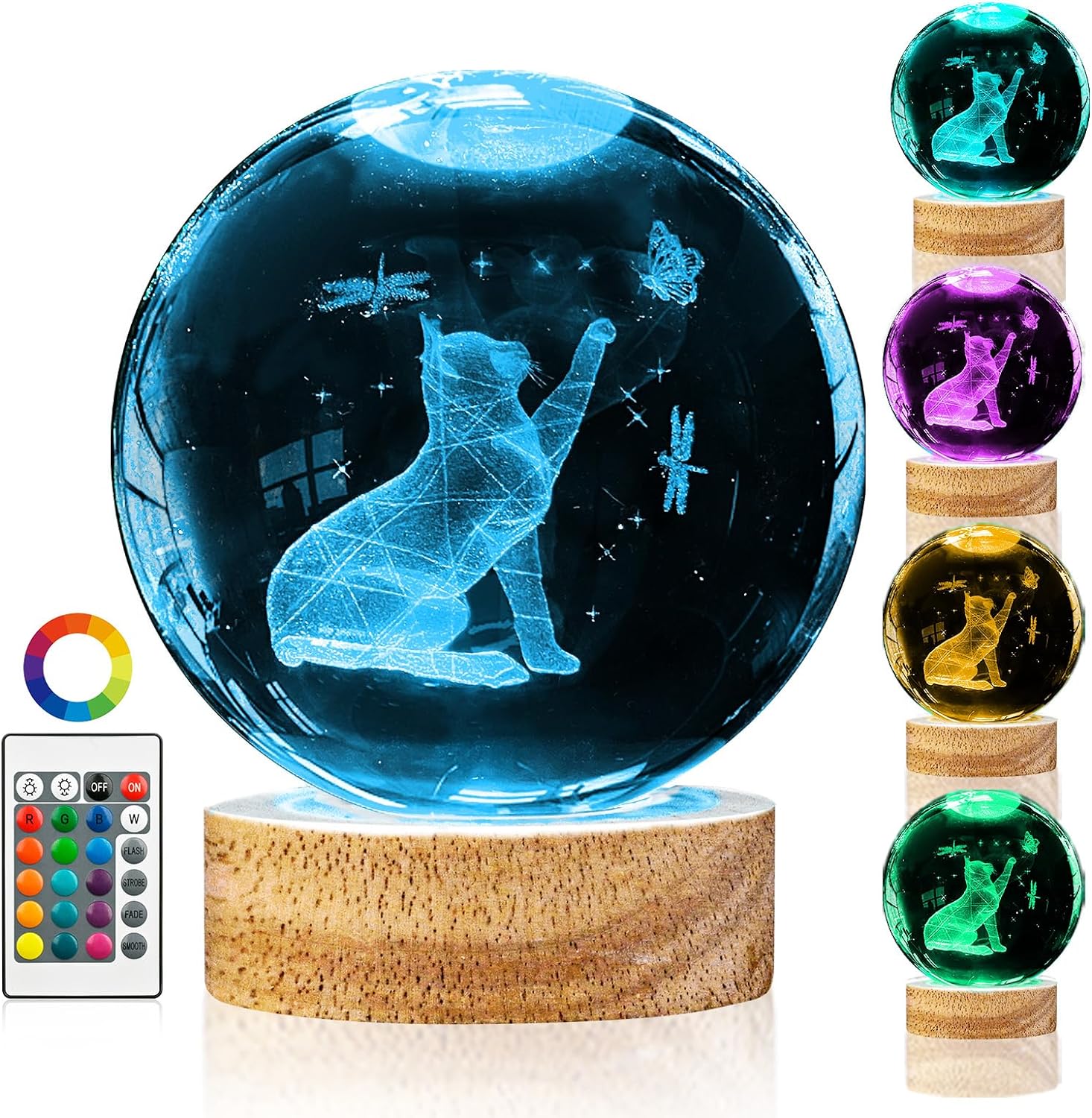 3D Cat Crystal Ball Night Light Cat Lover Gifts for Women, 3.15 Inch Cat Figurines Lamp with 16 Color Wooden LED Base and Remote, Birthday Christmas Cat Gifts for Boys Girls Kids, Cat Decor for Home