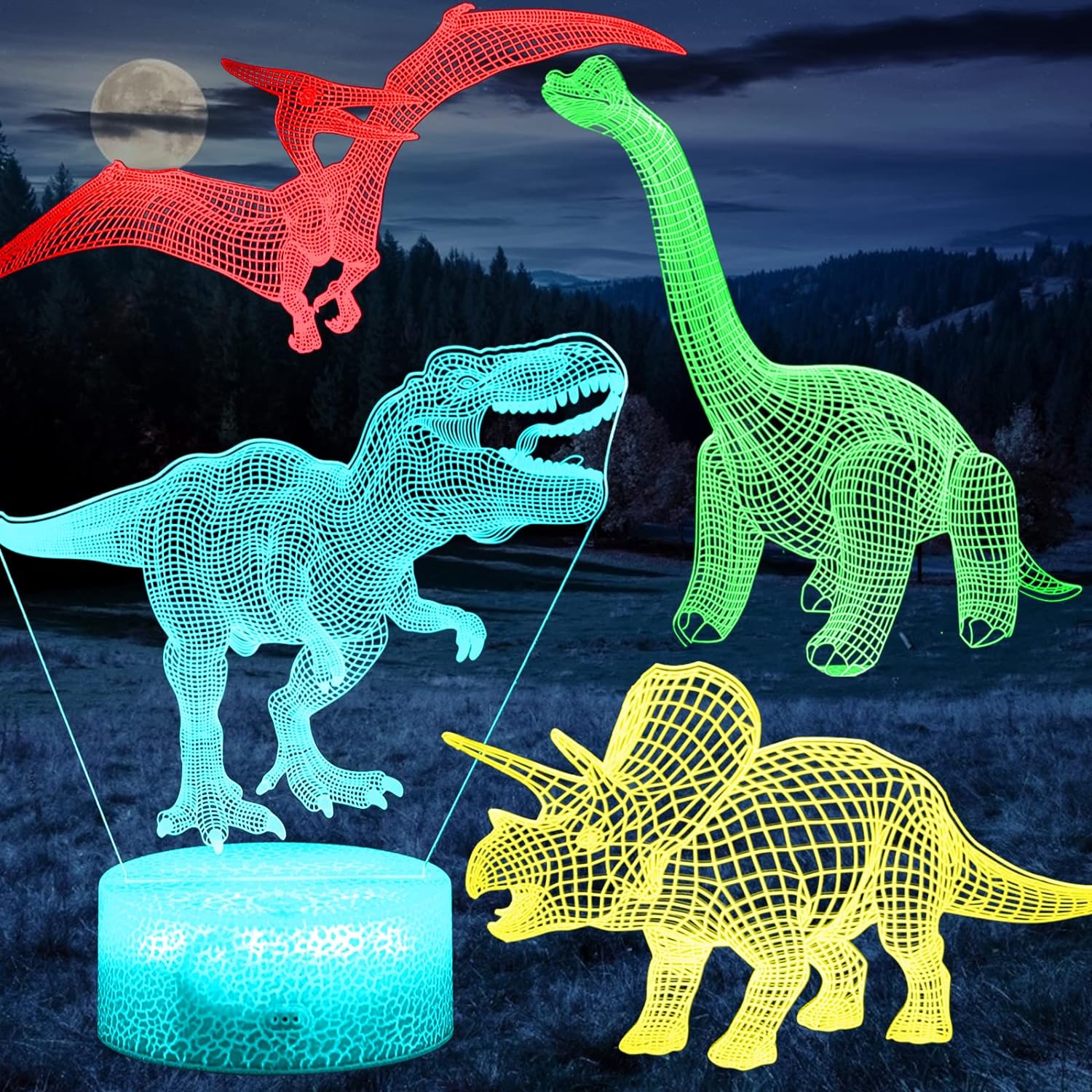 3D Dinosaur Night Light for Boys Room, 4-Patterns and Timing Function, 7 Color Changes & Remote Control, LED Illusion Night Lamp T Rex Dino Toys Gifts for Boys Girls Kids 4 5 6 7 8 9 Years