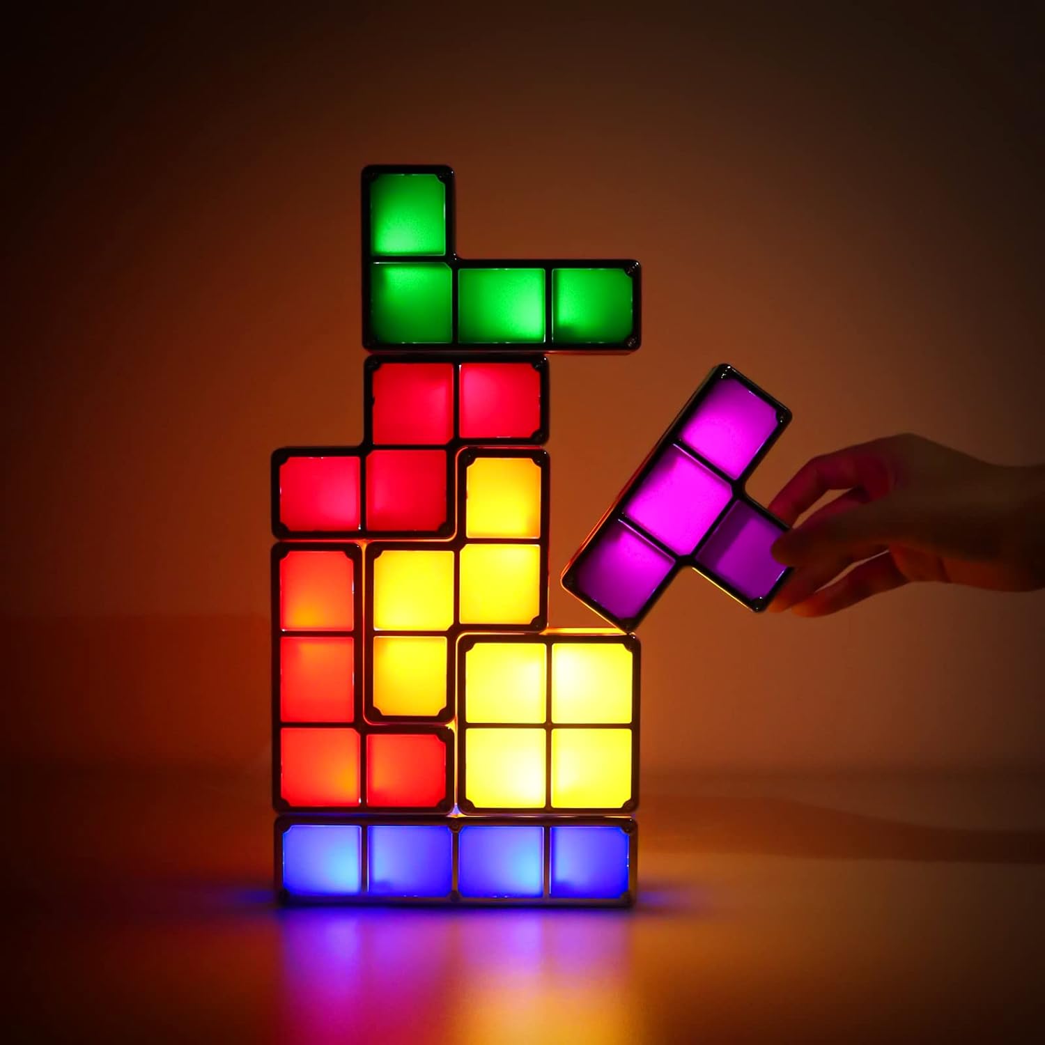 Night Light for Kids, VEEKI Stackable LED 7 Colors 3D Puzzles Night Light Induction Interlocking Desk Lamp, DIY Tangram Light Blocks Puzzles lamp for Kids Teens Bedroom (US Plug)