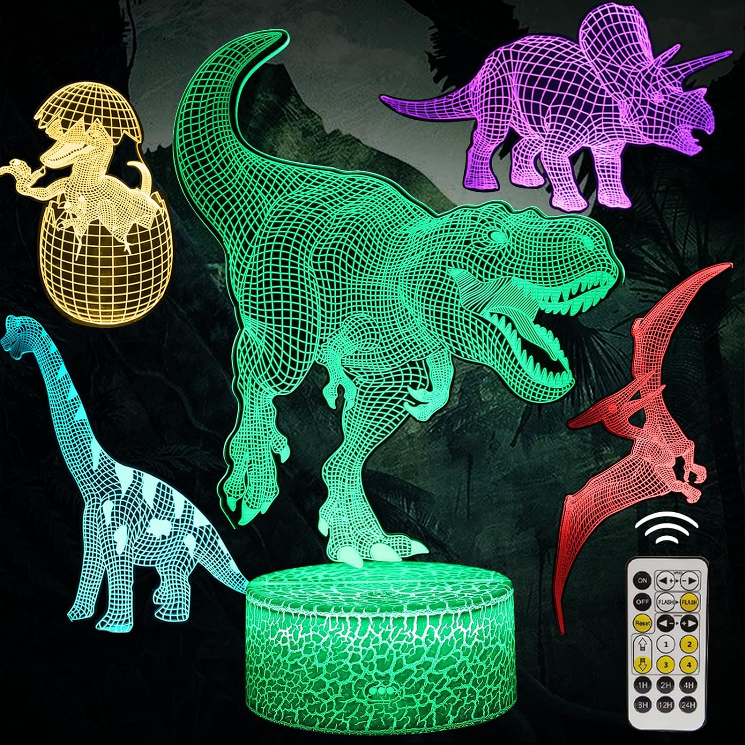 Dinosaur Night Lights for Boy - 5 Patterns 3D LED Illusion Lamp 7 Color Changing&Timer&Touch&Dimmer, Dino Toy Gift Christmas Birthday Kids Bedroom