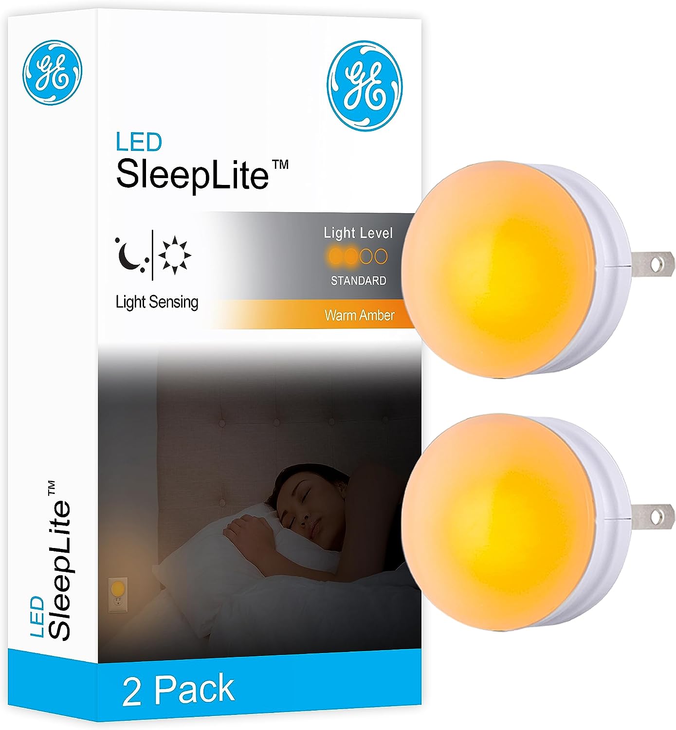 GE SleepLite LED Night Light, 2 Pack, Dusk-to-Dawn Sensor, Sleep Aid,Plastic, Warm Amber, Compact, Ideal for Bedroom, Nursery, Bathroom, Hallway, 45247, 2 Count