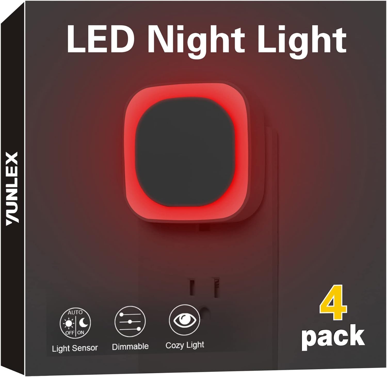 4 Pack Plug in Dimmable Night Light, Red Night Light, Auto Dusk to Dawn Sensor, LED Wall Night Light, Soft Glow, Square Nightlight for Bathroom, Hallway, Stairs, Kitchen, Bedroom, Garage