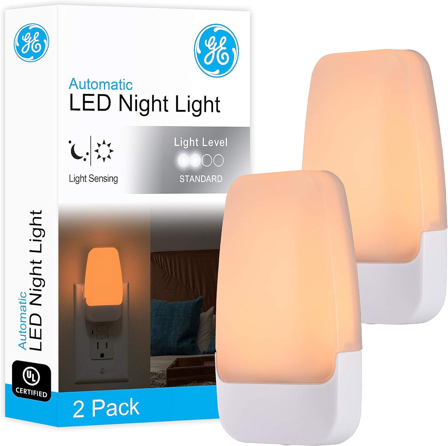 GE LED Night Light, Plug-in, Dusk to Dawn Sensor, Amber, UL-Certified, Energy Efficient, Ideal Nightlight for Bedroom, Bathroom, Nursery, Hallway, Kitchen, 76135, 2 Pack