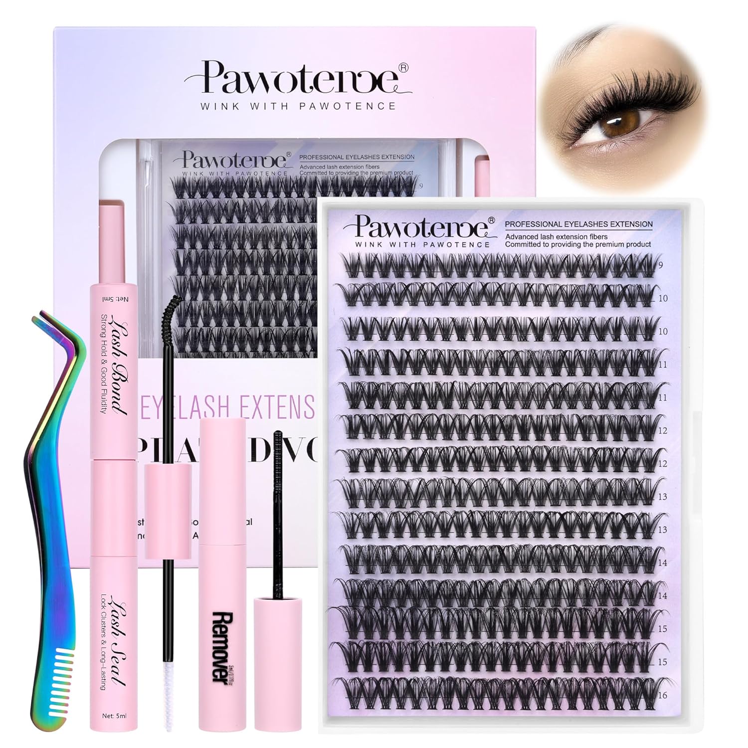 Pawotence DIY Lash Extension Kit 280pcs Individual Lash Clusters 40D Curl Eyelash Extension Kit with Lash Bond and Seal and Remover and Lash Tweezers for Self Application at Home (40D-9-16MIX-ALL KIT)