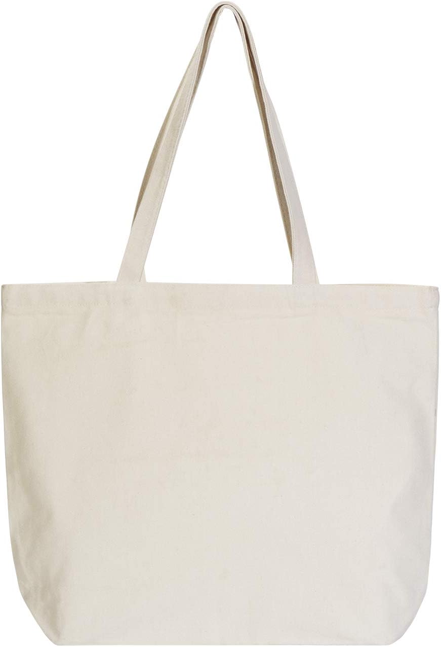 Large Canvas Tote Bag with Zipper, 19x15 12oz Natural Cotton Heavy DIY Tote for Crafting, Ironing and Embroidering (1 Pack)