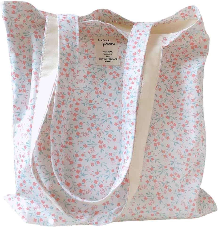 Cotton Canvas Tote Bag Reusable Soft Grocery Cloth Bag Floral Shoulder Bag for Beach Travel Shopping