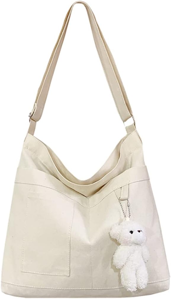 Economical Cotton Canvas Tote Bag,Women Hobo Shoulder Bag Crossbody Handbag with 3 External Pocket,Zipper Closure