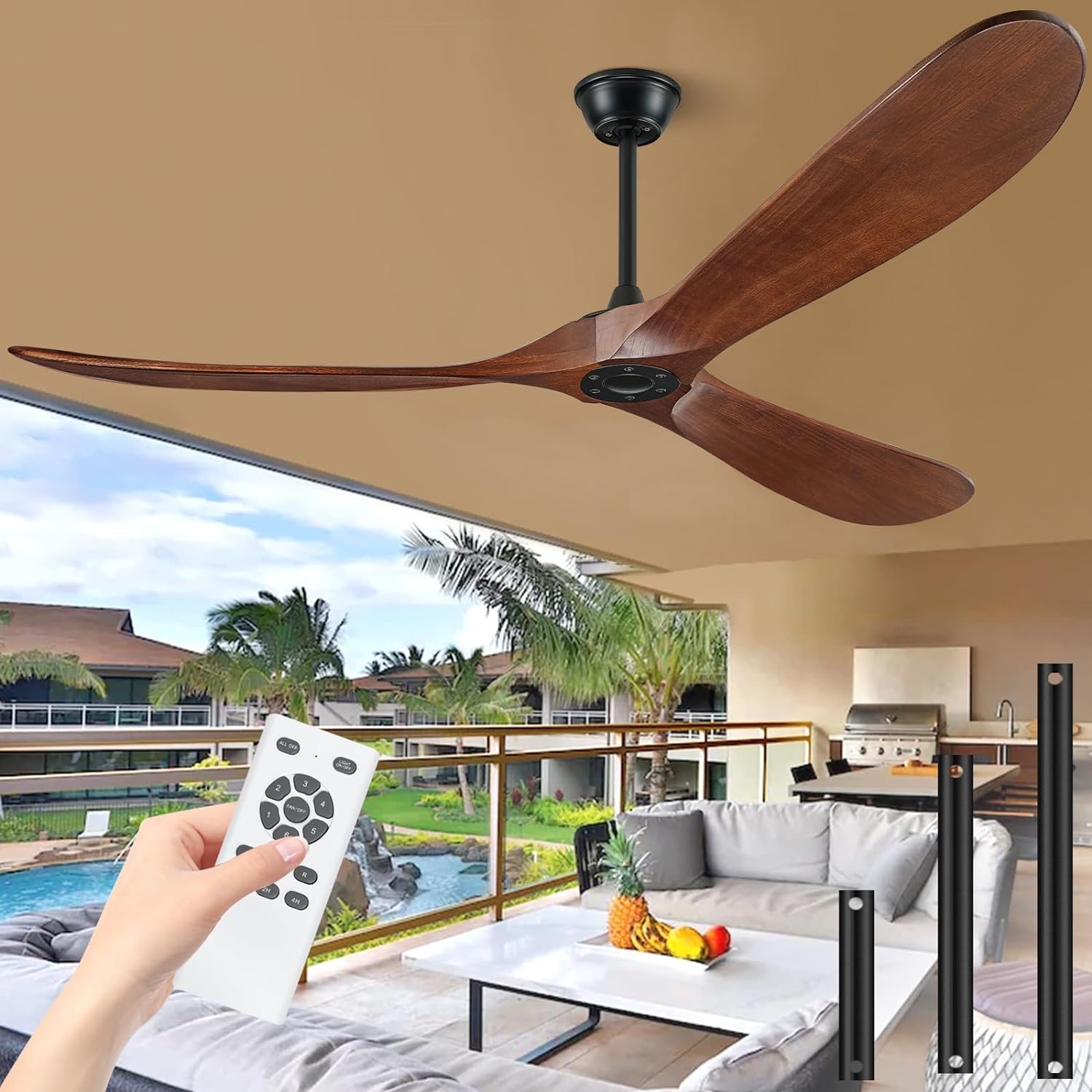 72 Ceiling Fans without Lights, 72 inch Ceiling Fan with Remote, High cfm Quiet Wooden Walnut Ceiling Fans, Large Outside Ceiling Fan no Light, Propeller Outdoor Ceiling Fans for Patios