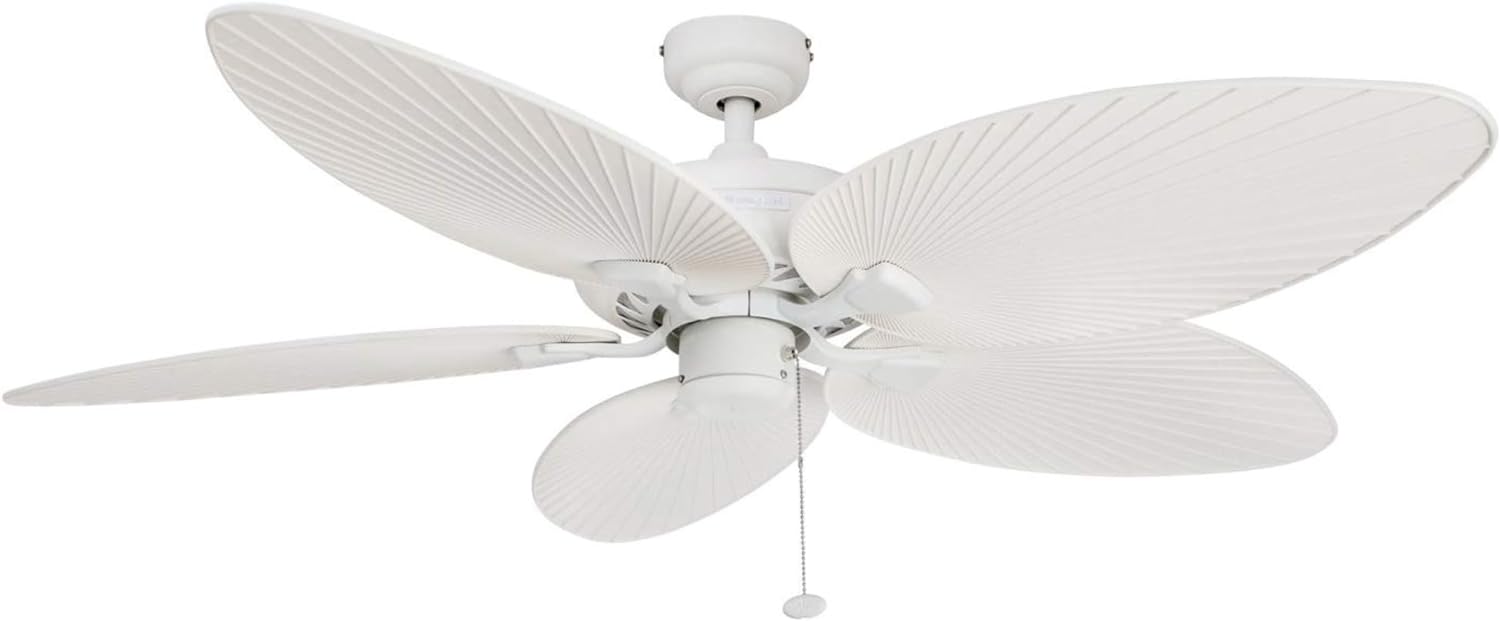 Honeywell Ceiling Fans Palm Island, 52 Inch Tropical Indoor Outdoor Ceiling Fan with No Light, Pull Chain, Three Mounting Options, 5 Palm Leaf Blades, Wet-Rated - Model 50200-01 (White)