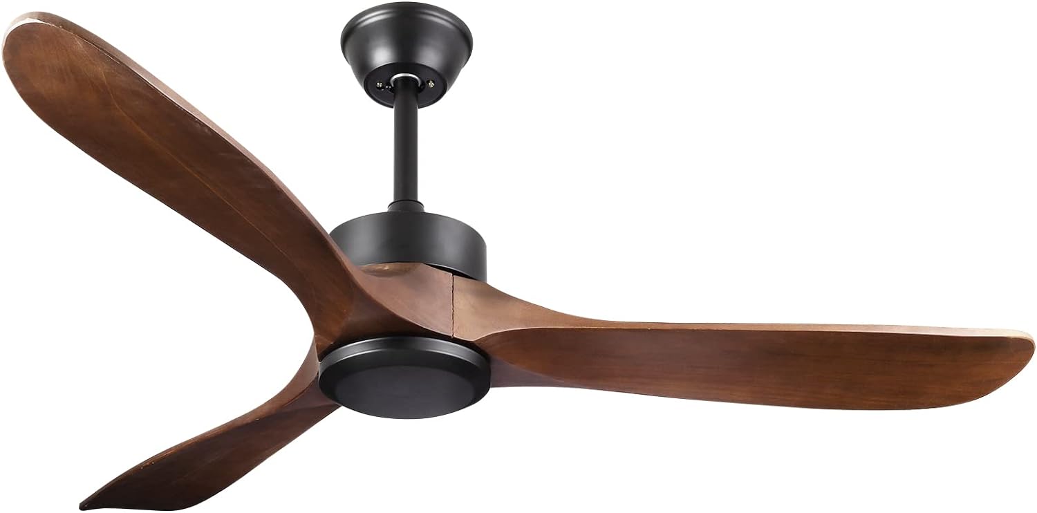 Dannilong 52 Outdoor Ceiling Fan without Light,3 Solid Wood Blades and Remote Control, Walnut Wood Ceiling Fan No Light with Silent Reversible DC Motor, Indoor Ceiling Fan for Patio Living Room