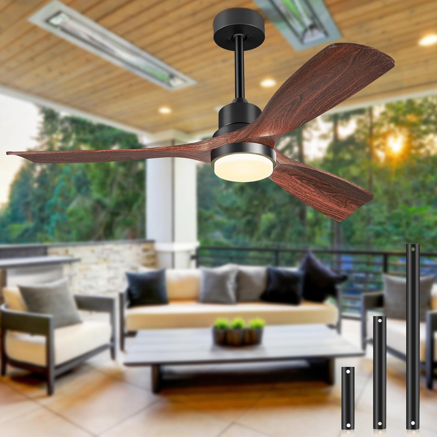 Ceiling Fans with Lights and Remote, 52 Inch Outdoor Ceiling Fan for Patios with Light 3 Downrods, 3 Blades Modern Ceiling Fan Noiseless Reversible DC Motor, Wood Fan for Farmhouse