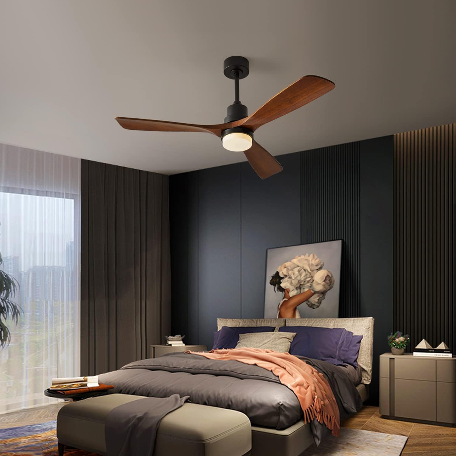 Modern Ceiling Fans with Lights, 3 Wood Fan Blades, 52 Black with Remote Control, Noiseless Reversible DC Motor for Bedroom/Living Room/Study/Patio