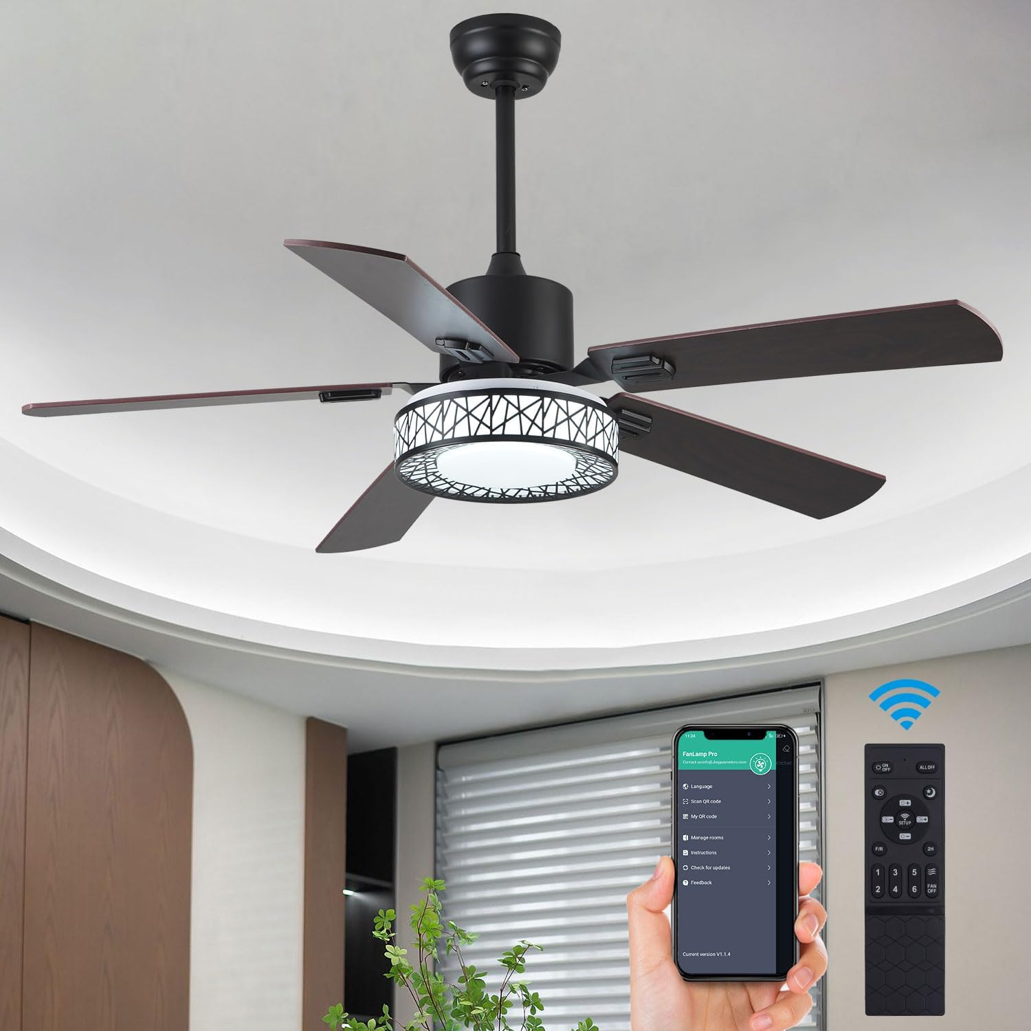 52 Outdoor Ceiling Fan with Lights Remote Control,Dimmable Black Wooden Ceiling Fan with Reversible Quiet Motor 5 Blades 6 Speed For Patio Living Room, Bedroom, Office,Indoor Outdoor
