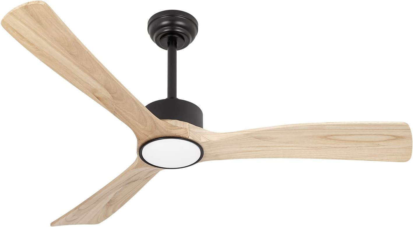 Wood Ceiling Fans with Lights and Remote,52in Ceiling Fan,22W LED Light Modern Ceiling Fan with Lights,3 Natural Solid Wood Blades,6 Speeds,Reversible Quiet DC Motor