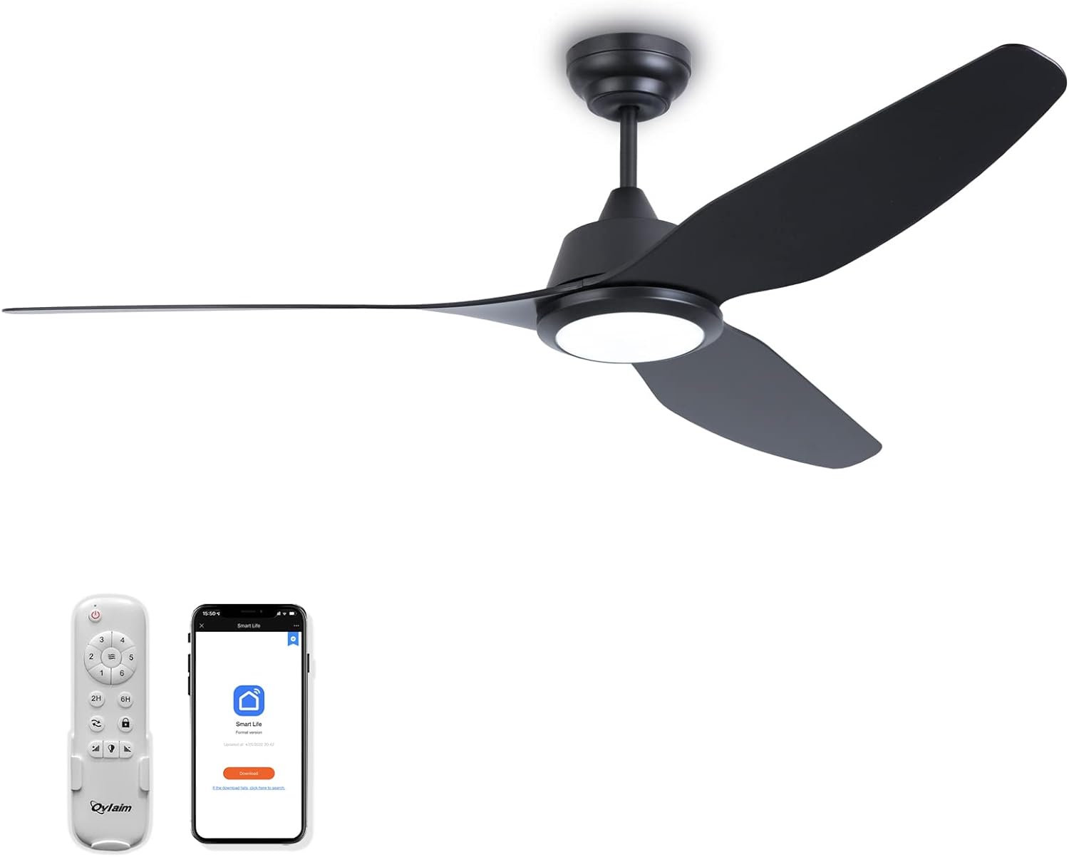 Ovlaim 56 Inch Smart Ceiling Fans with Lights and Remote, 3 Blade Indoor Outdoor Modern Black Ceiling Fan for Bedroom Living Room Patio, 6 Speed High CFM Quiet DC Motor