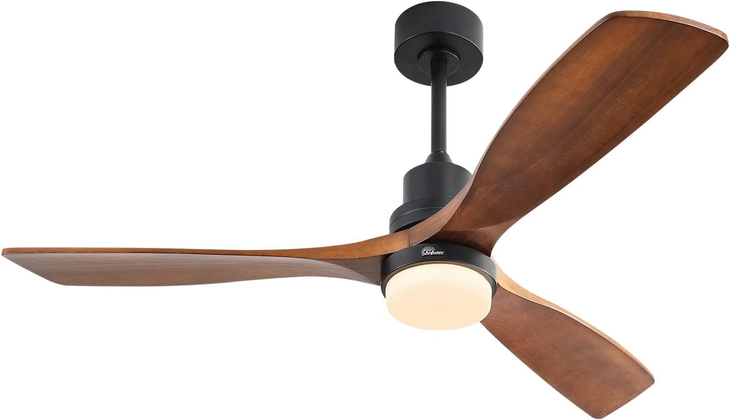 Sofucor 52 Inch Ceiling Fan With Lights Remote Control 3 Wood Fan Blade Ceiling Fans Noiseless DC Motor Solid Walnut and Matte Black For Farmhouse Modern Style