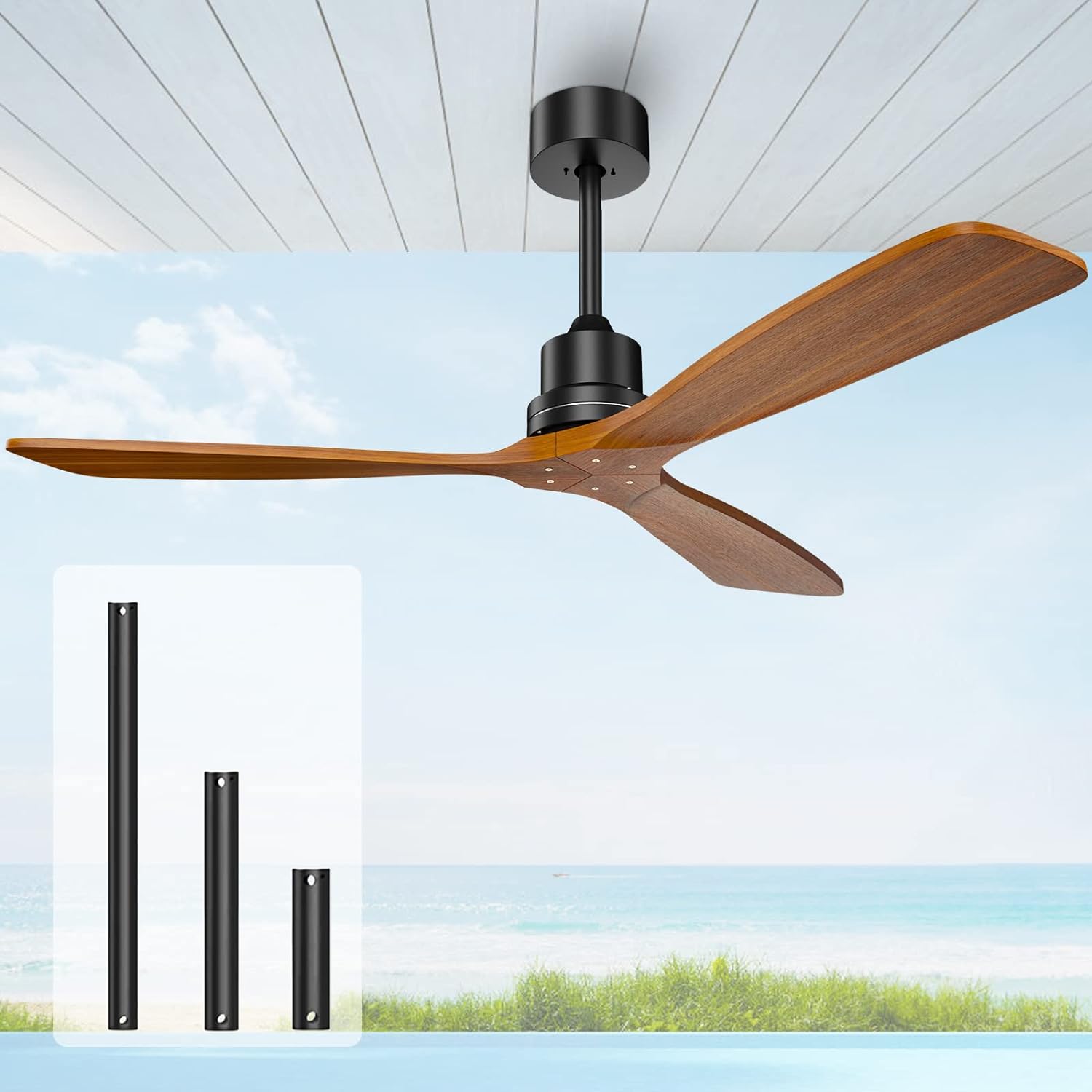 Obabala Modern Ceiling Fan No Light with Remote, Outdoor Ceiling Fan Without Light 3 blade Wood Walnut Fan for Patios/Farmhouse Reversible DC Motor, 52'', Brown