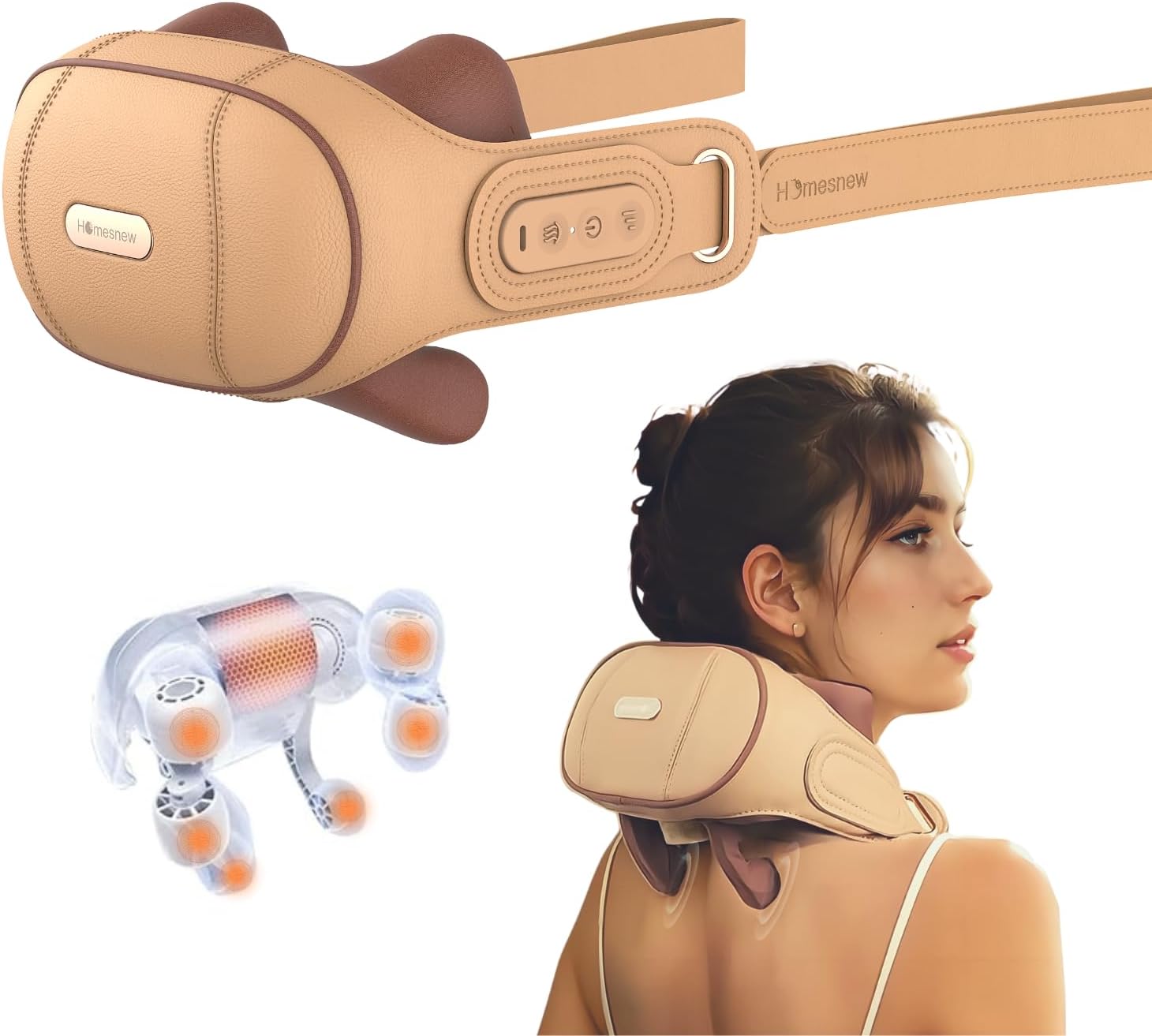 Neck Shoulder Massager with Heat, Cordless 4D Shiatsu Kneading Neck Massager for Shoulder, Back, Lumbar and Calve, Ideal for Valentine' Day Gift! (Sandy Brown)