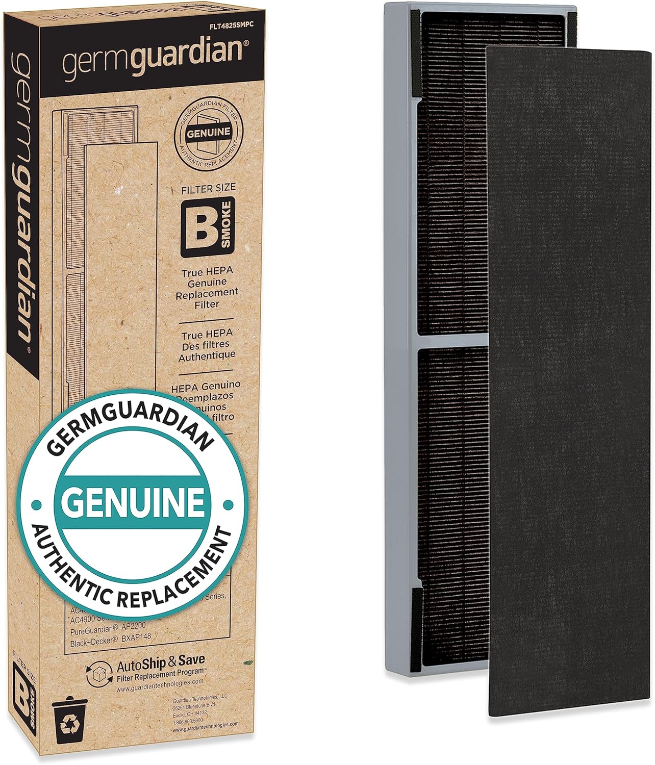 GermGuardian Filter B Smoke Clear HEPA Genuine Replacement Filter, Removes 99.97% of Pollutants, Smoke Toxins and Odors, for AC4825, AC4800 Series, AC4900, CDAP4500, AP2200, Black/Gray, FLT4825SM