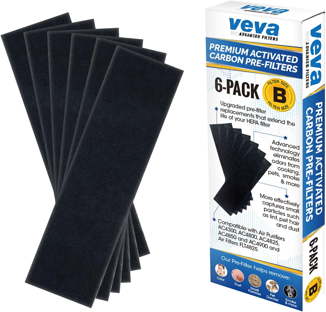 VEVA Replacement Pre Filter 6 Pack compatible with Germ Guardian Air Purifier Models AC4800 Series (AC4825, AC4825e) and Filter B FLT4825, Premium Carbon Activated